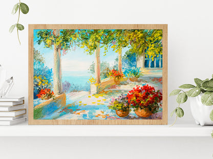 Flower Vase & Terrace Near The Sea Glass Framed Wall Art, Ready to Hang Quality Print Without White Border Oak