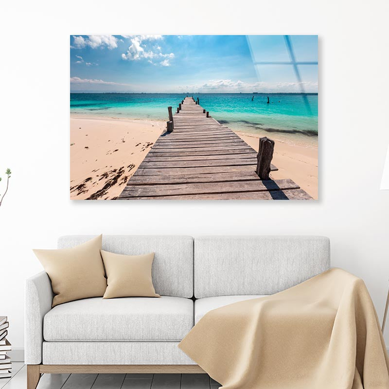 Wooden Pier on Caribbean Beach, Cancun, Isla Mujeres Acrylic Glass Print Tempered Glass Wall Art 100% Made in Australia Ready to Hang