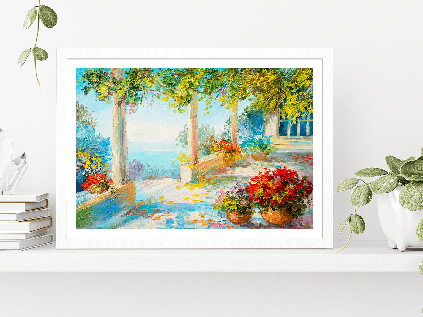 Flower Vase & Terrace Near The Sea Glass Framed Wall Art, Ready to Hang Quality Print With White Border White