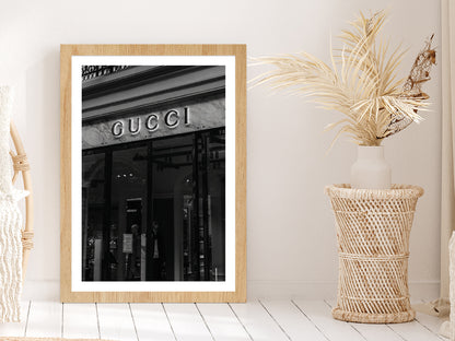 Fashion Store Front B&W Photograph Glass Framed Wall Art, Ready to Hang Quality Print With White Border Oak