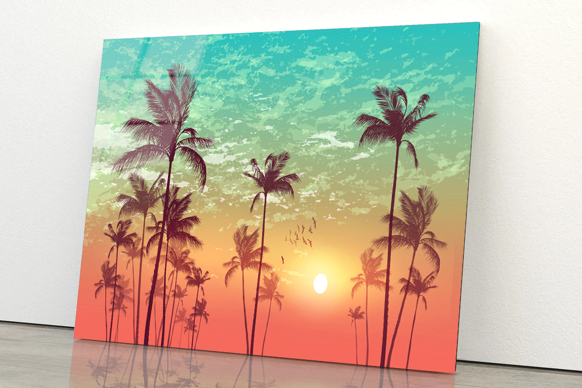 Sky and Palm Trees with Sunset Acrylic Glass Print Tempered Glass Wall Art 100% Made in Australia Ready to Hang - Bella Home Decor