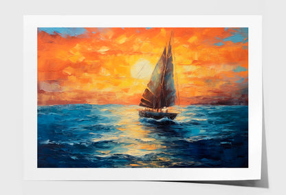 Sailboat Boat at Sunset On The Ocean Oil Painting Wall Art Limited Edition High Quality Print Unframed Roll Canvas None