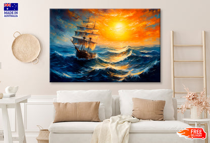 Sailboat Boat at Sunset On The Ocean Oil Painting Wall Art Limited Edition High Quality Print