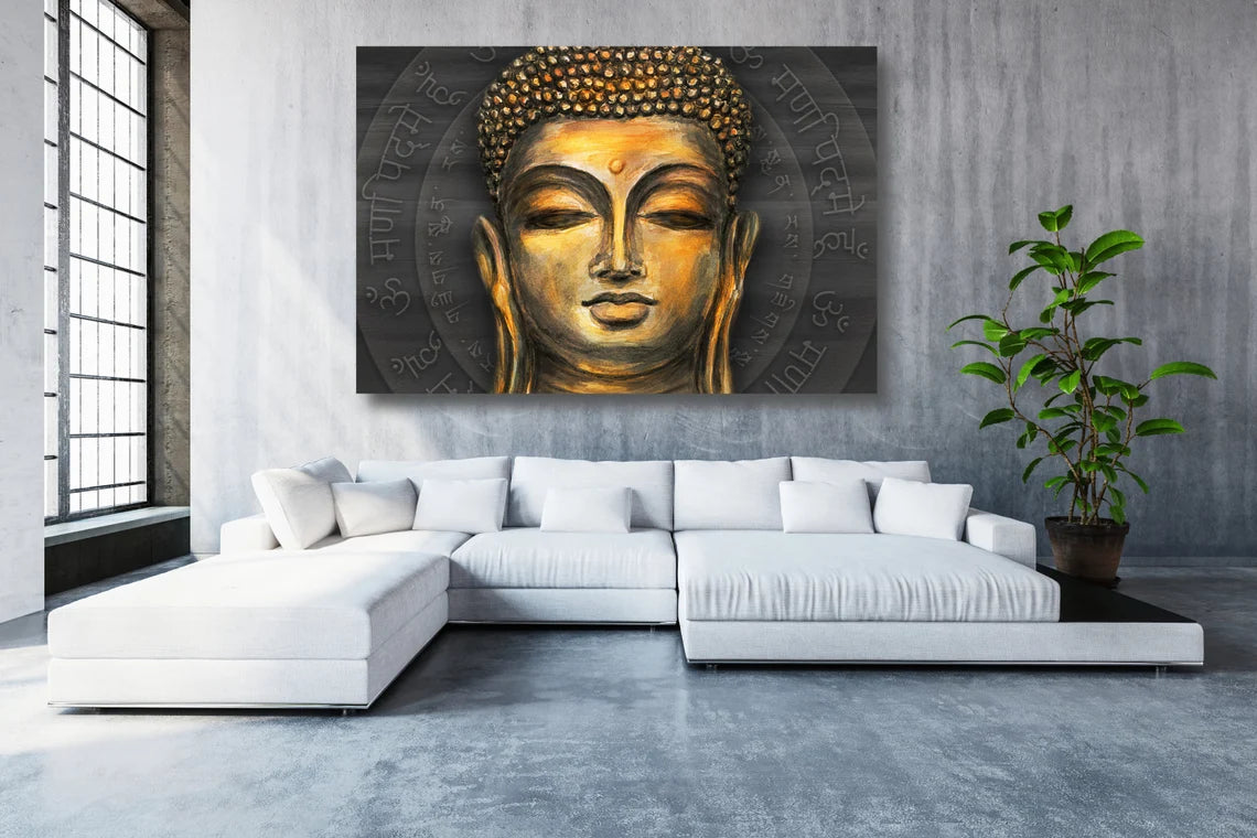 Yellow Gold Buddha Acrylic Glass Print Tempered Glass Wall Art 100% Made in Australia Ready to Hang