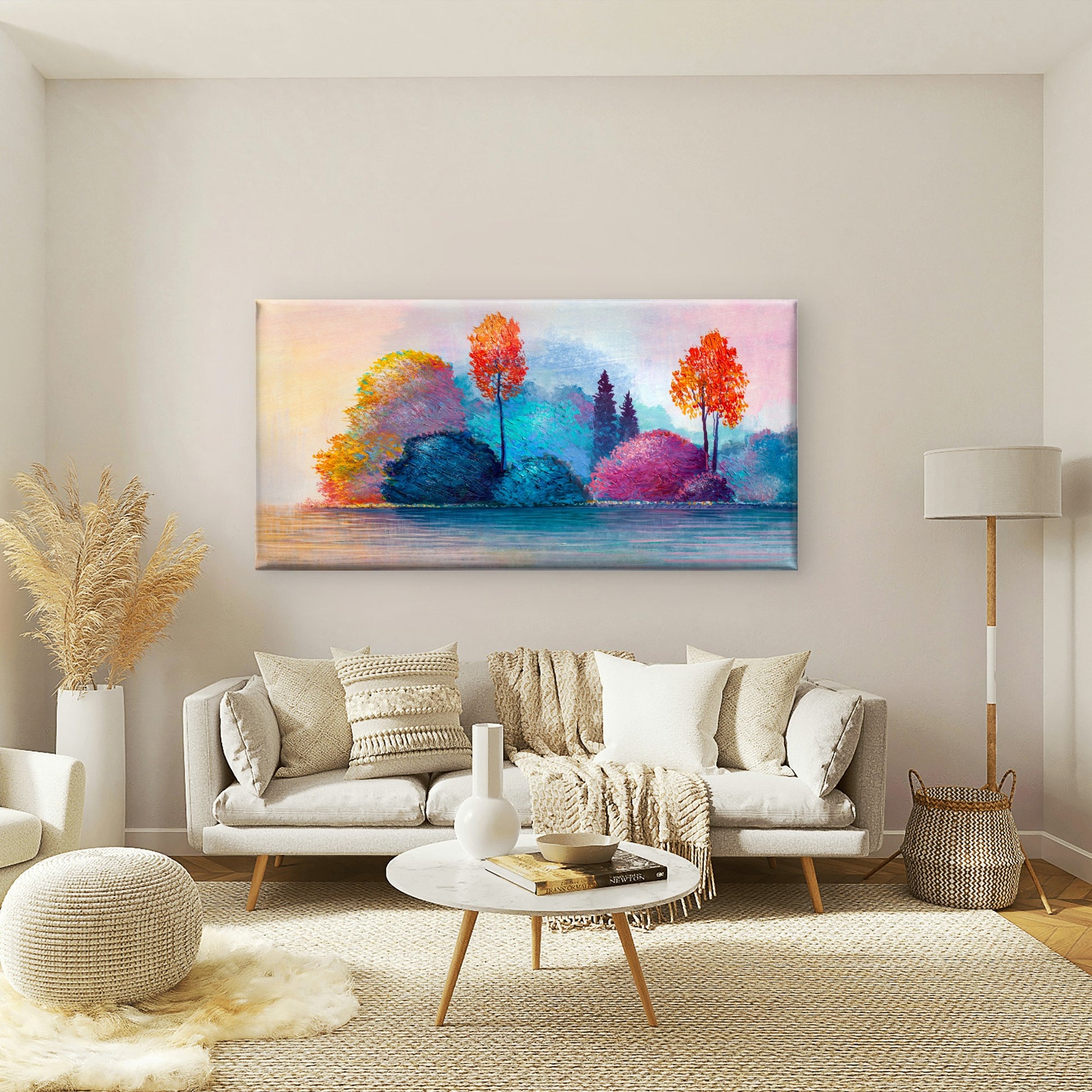 Impasto Autumn Lake Landscape Wall Art Canvas Office Home Room Framed 120x60cm
