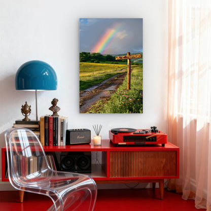 Rainbow Appearing End Grass Field Path 40x60cm Metal Print Ready to Hang