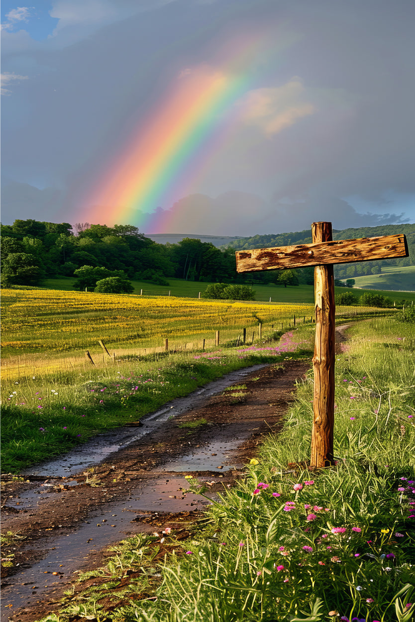 Rainbow Appearing End Grass Field Path 40x60cm Metal Print Ready to Hang
