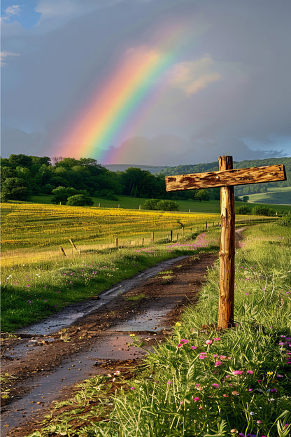 Rainbow Appearing End Grass Field Path 40x60cm Metal Print Ready to Hang