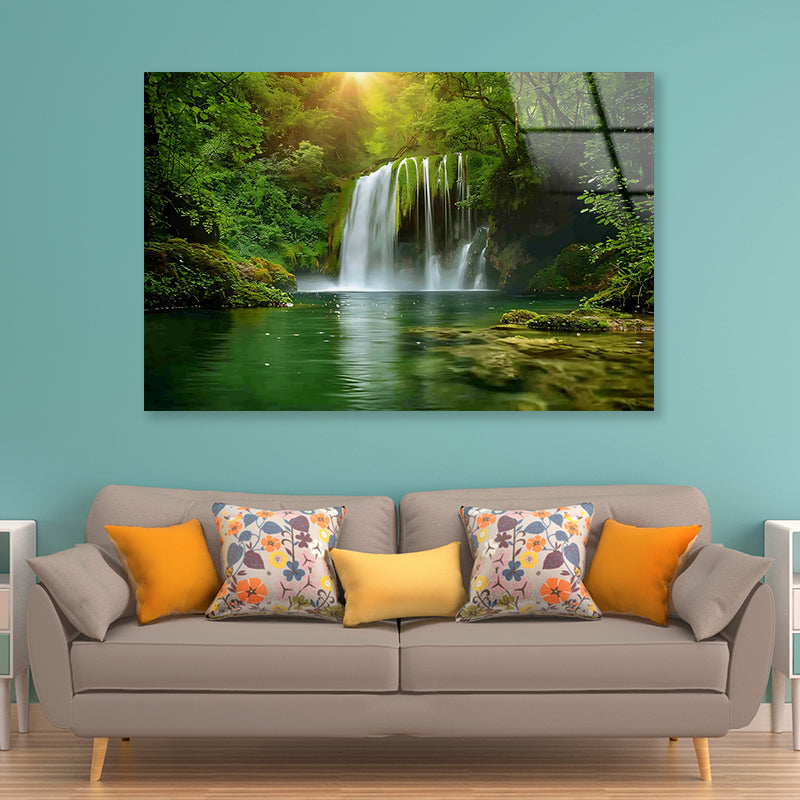 View of Waterfall in the Jungle Acrylic Glass Print Tempered Glass Wall Art 100% Made in Australia Ready to Hang - Bella Home Decor