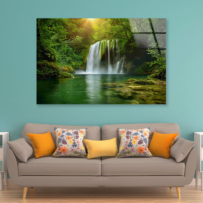 View of Waterfall in the Jungle Acrylic Glass Print Tempered Glass Wall Art 100% Made in Australia Ready to Hang - Bella Home Decor