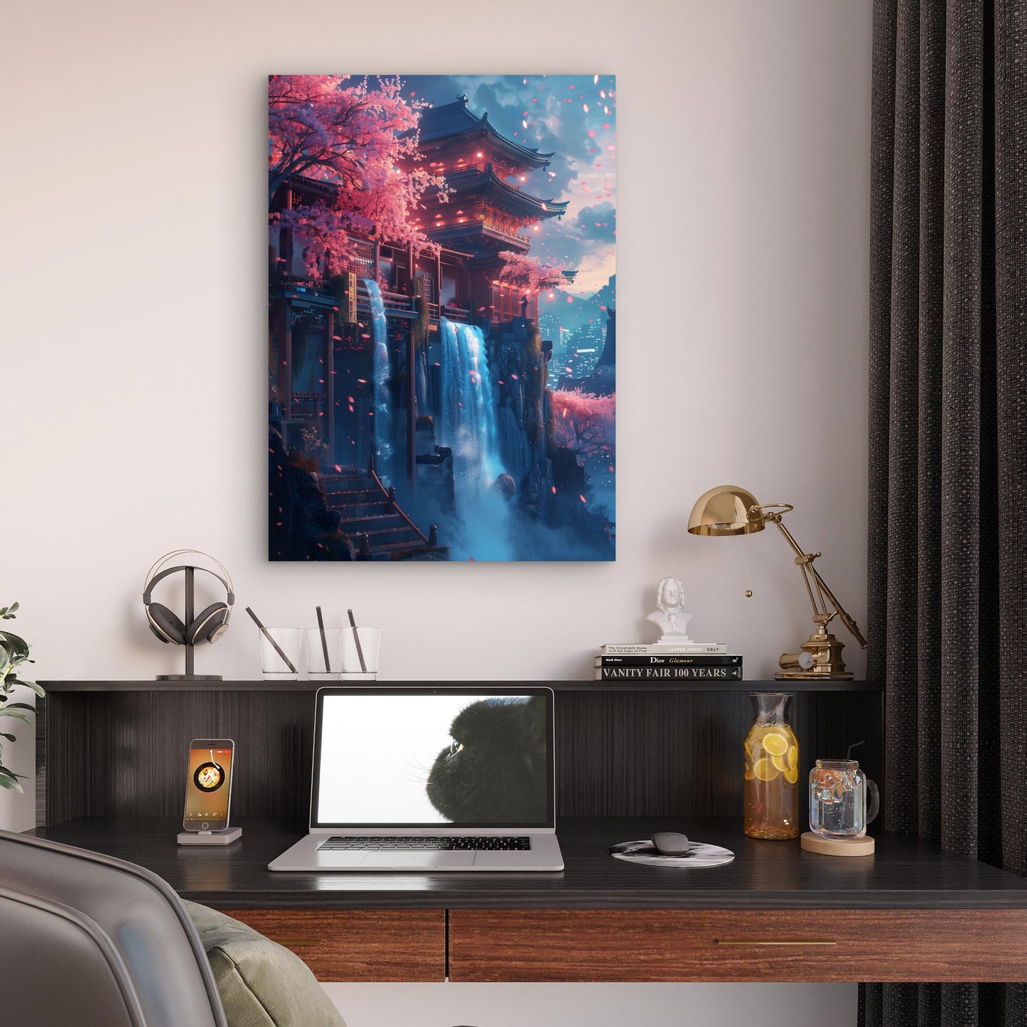 Japanese Pagoda Waterfall Night 40x60cm Metal Print Ready to Hang