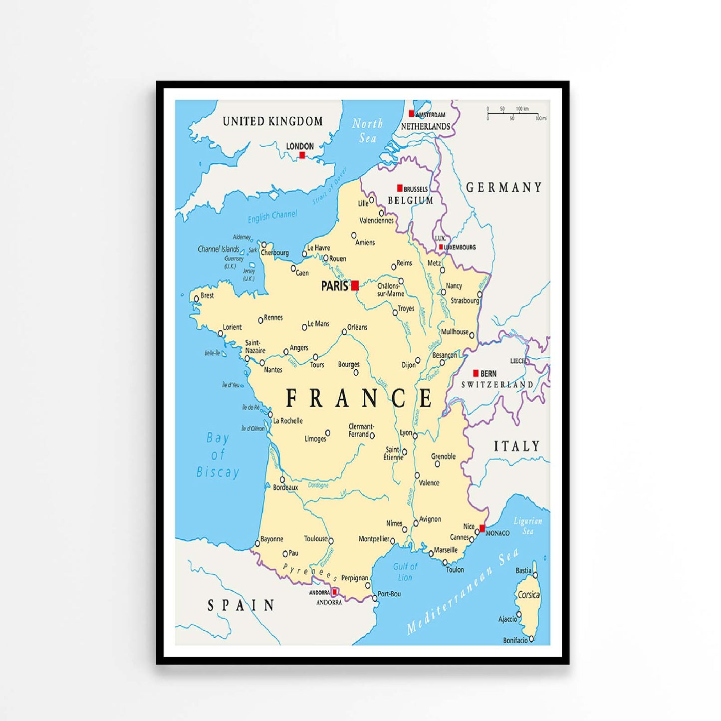 France Political Map with Capital Paris Home Decor Premium Quality Poster Print Choose Your Sizes