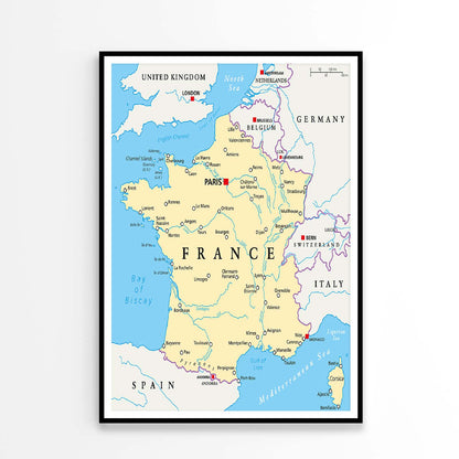 France Political Map with Capital Paris Home Decor Premium Quality Poster Print Choose Your Sizes