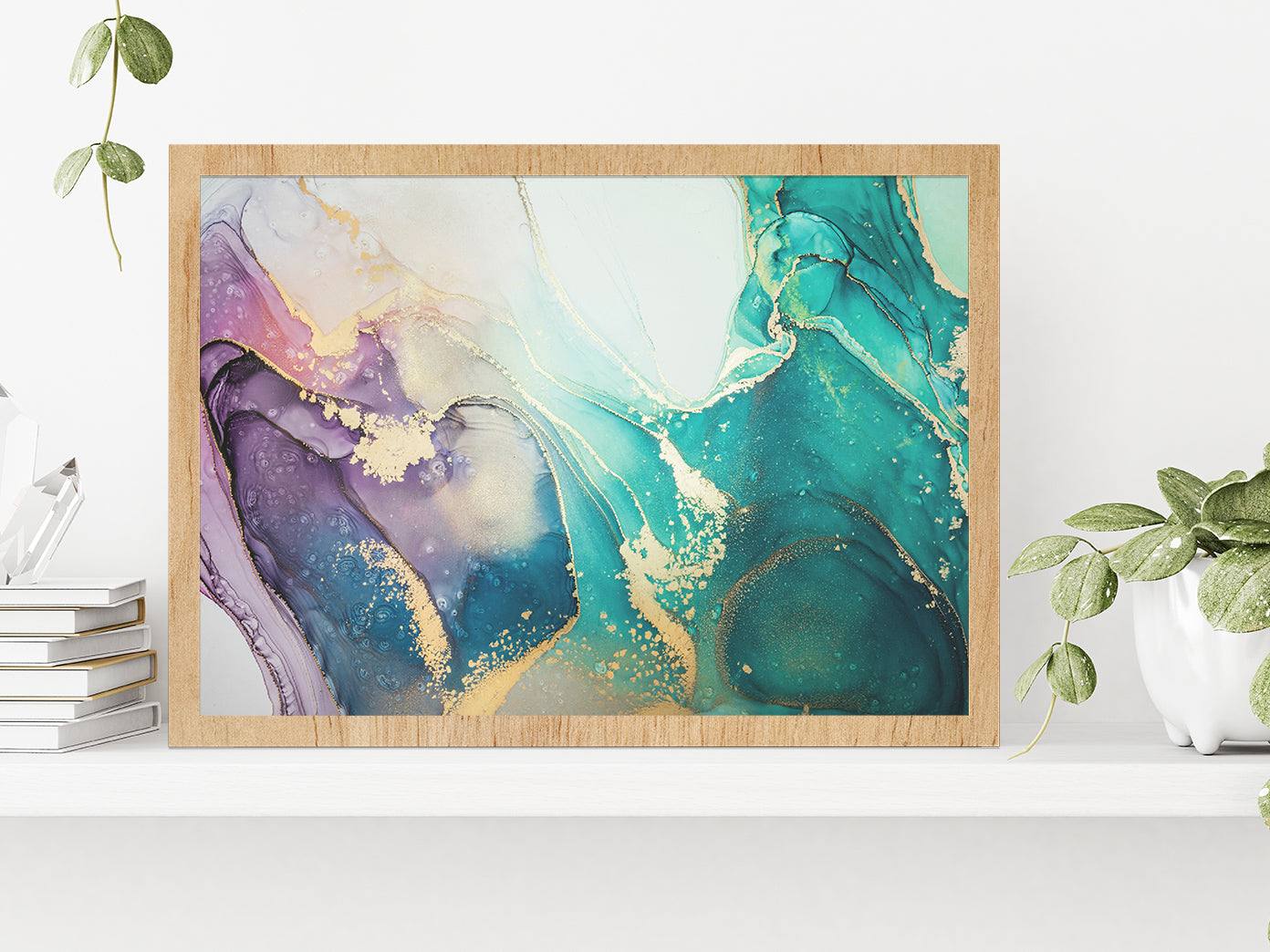 Blue Pink Gold Abstract Fluid Art Glass Framed Wall Art, Ready to Hang Quality Print Without White Border Oak