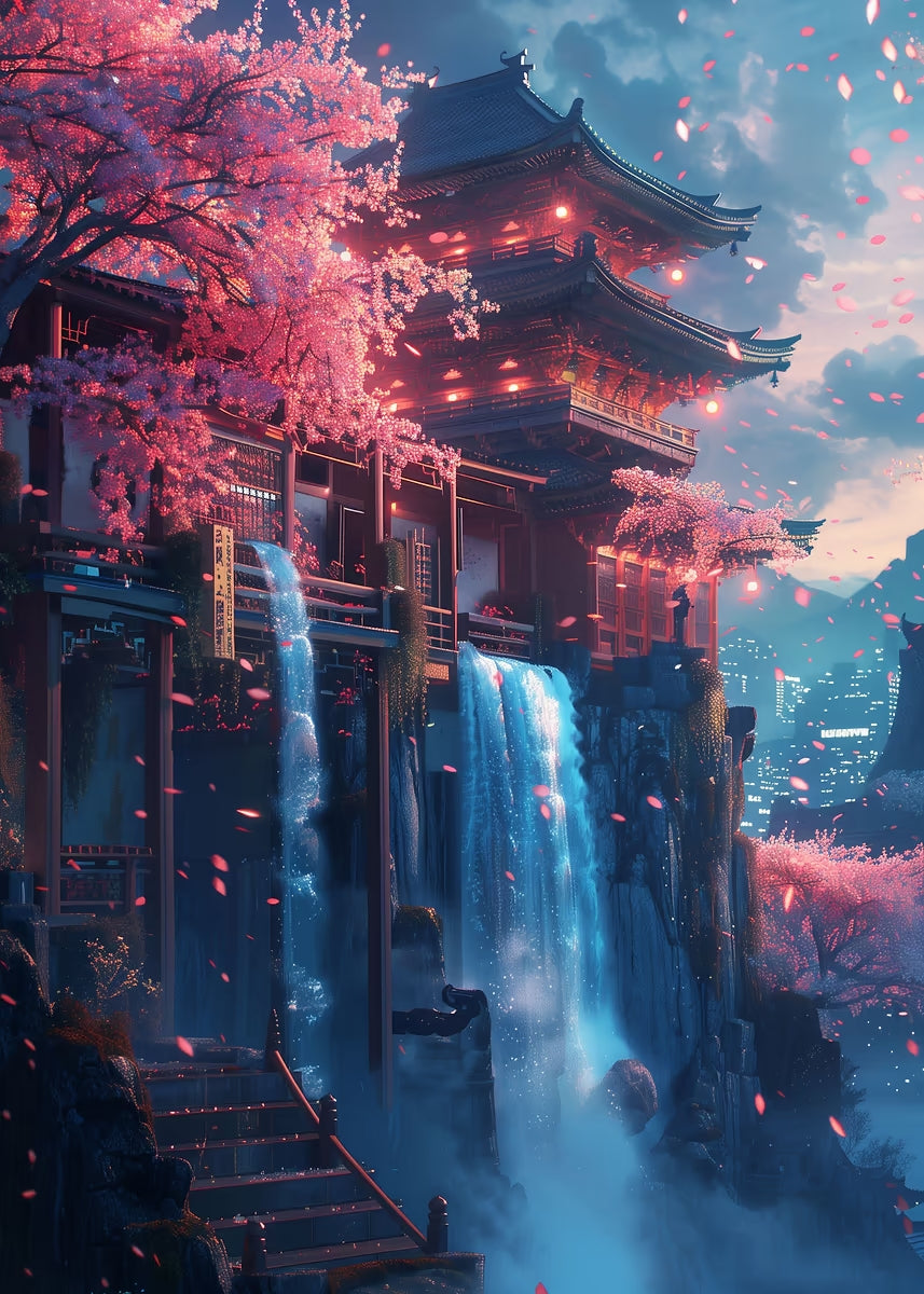 Japanese Pagoda Waterfall Night 40x60cm Metal Print Ready to Hang