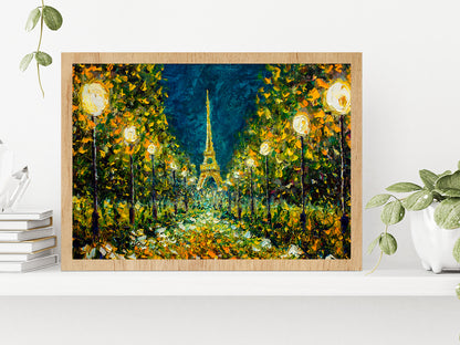 Paris European Night City Landscape & Eiffel Tower Glass Framed Wall Art, Ready to Hang Quality Print Without White Border Oak