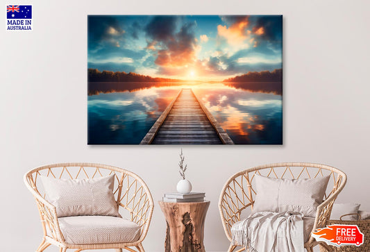 Wooden Pier Over a Calm Lake During Sunrise Wall Art Decor 100% Australian Made