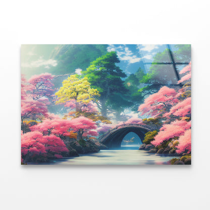 Pink Cherry Trees, Bridge Acrylic Glass Print Tempered Glass Wall Art 100% Made in Australia Ready to Hang - Bella Home Decor