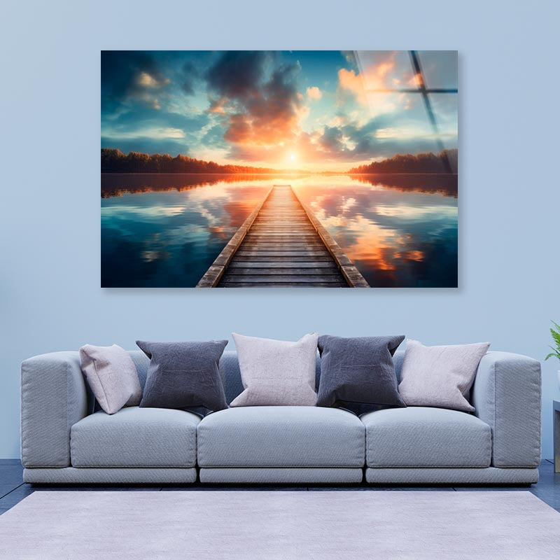 Wooden Pier Over a Calm Lake During Sunrise  Acrylic Glass Print Tempered Glass Wall Art 100% Made in Australia Ready to Hang - Bella Home Decor