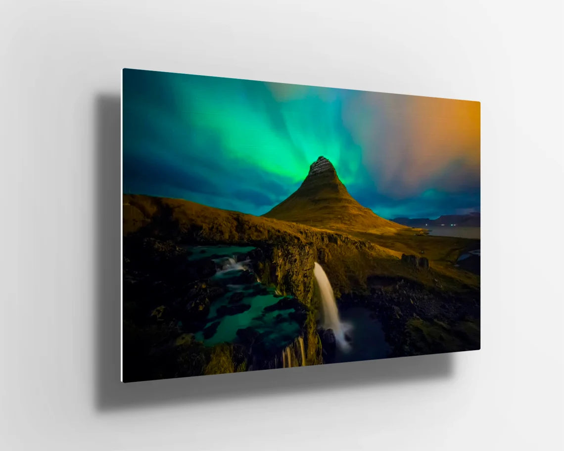 Mountains with northern lights UV Direct Aluminum Print Australian Made Quality