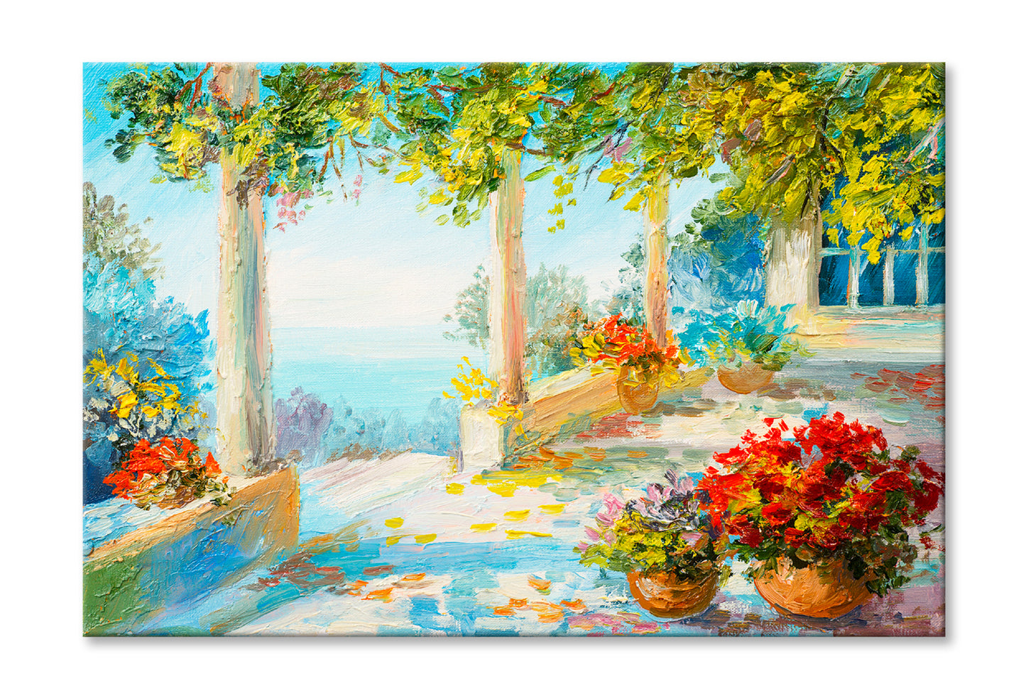 Flower Vase & Terrace Near The Sea Oil Painting Wall Art Limited Edition High Quality Print Stretched Canvas None