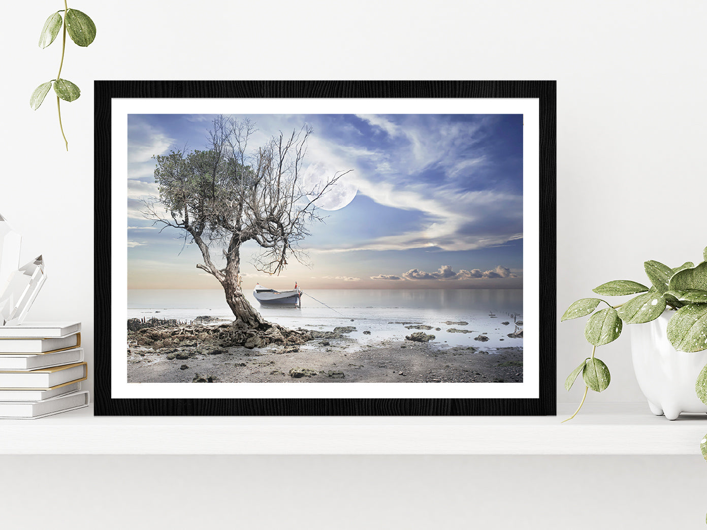 Dead Tree near Sea & Boat View Photograph Glass Framed Wall Art, Ready to Hang Quality Print With White Border Black