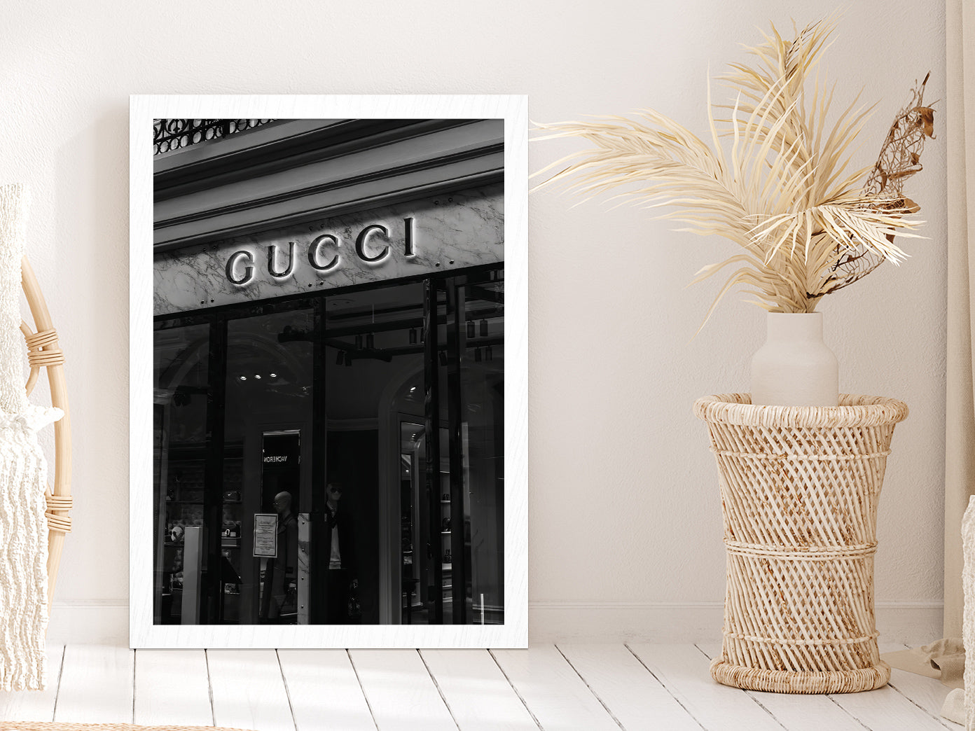 Fashion Store Front B&W Photograph Glass Framed Wall Art, Ready to Hang Quality Print Without White Border White