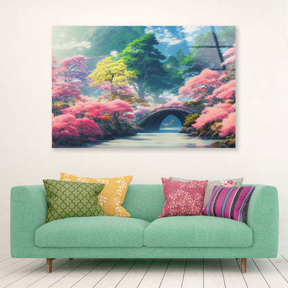 Pink Cherry Trees, Bridge Acrylic Glass Print Tempered Glass Wall Art 100% Made in Australia Ready to Hang - Bella Home Decor