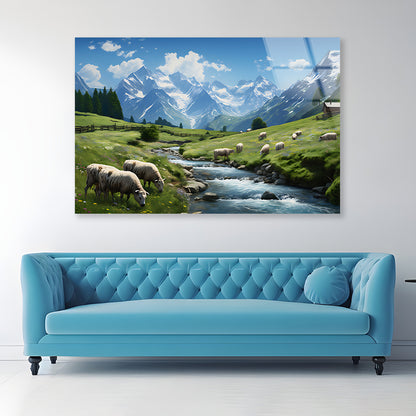 Herd of Sheep Grazing On a Grassy Hill Acrylic Glass Print Tempered Glass Wall Art 100% Made in Australia Ready to Hang - Bella Home Decor