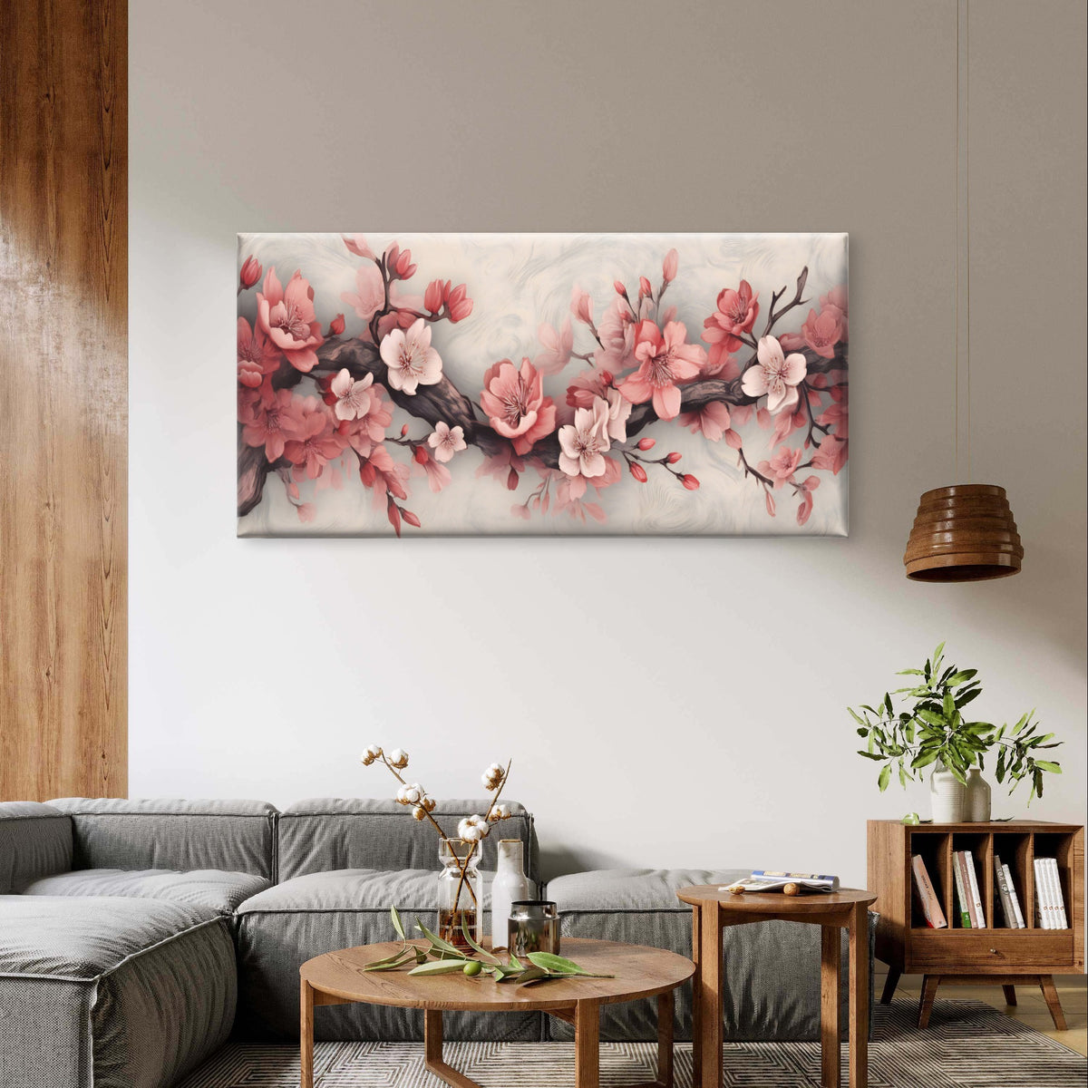 Pink Cherry Blossom Floral Tree Branch Painting Wall Art Canvas Office Home Framed 120x60cm