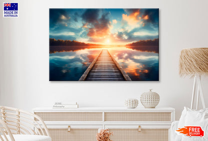 Wooden Pier Over a Calm Lake During Sunrise Wall Art Decor 100% Australian Made