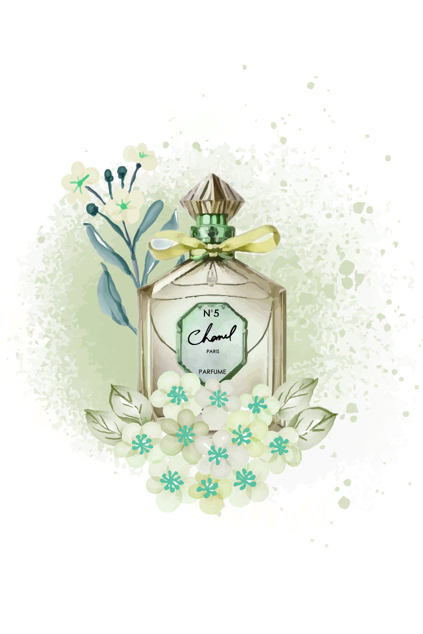 Green Colored Perfume with Flowers Design Home Decor Premium Quality Poster Print Choose Your Sizes