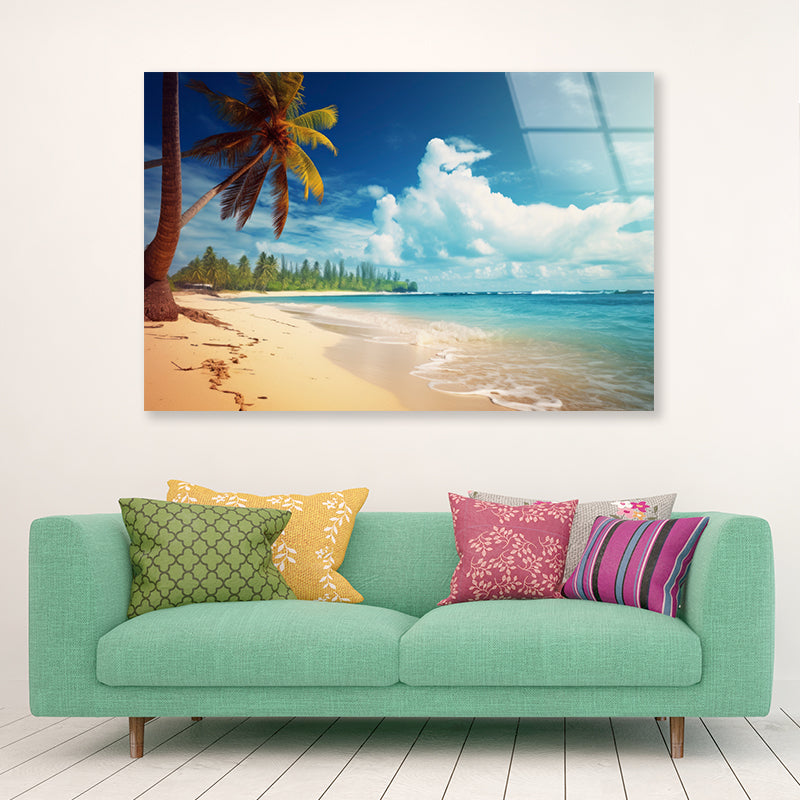 Summer Beach of the Sea with Palm Trees Acrylic Glass Print Tempered Glass Wall Art 100% Made in Australia Ready to Hang