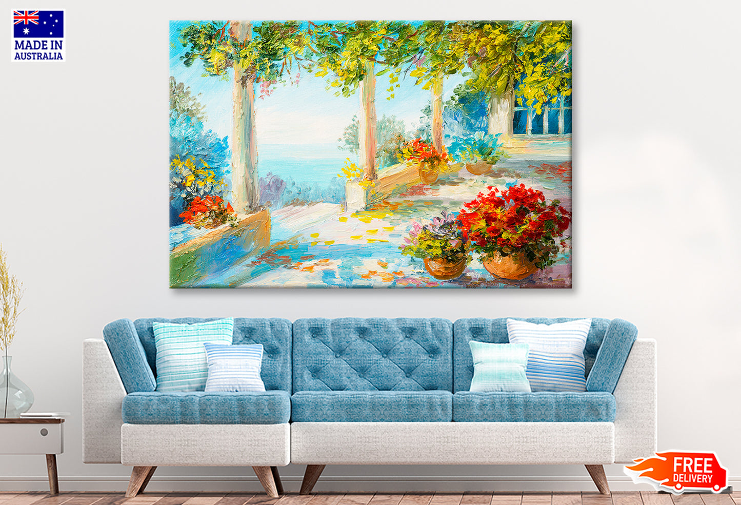 Flower Vase & Terrace Near The Sea Oil Painting Wall Art Limited Edition High Quality Print