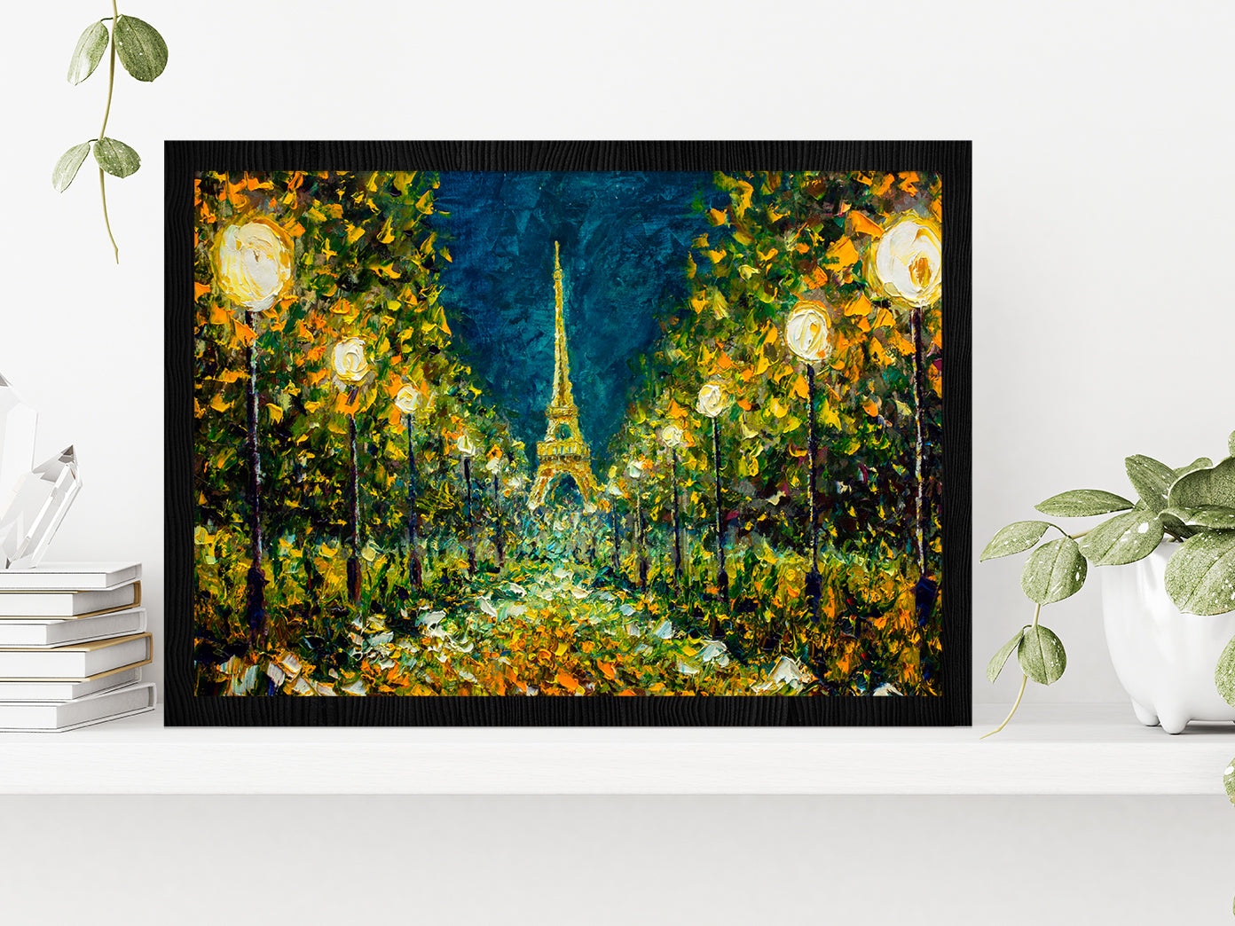 Paris European Night City Landscape & Eiffel Tower Glass Framed Wall Art, Ready to Hang Quality Print Without White Border Black