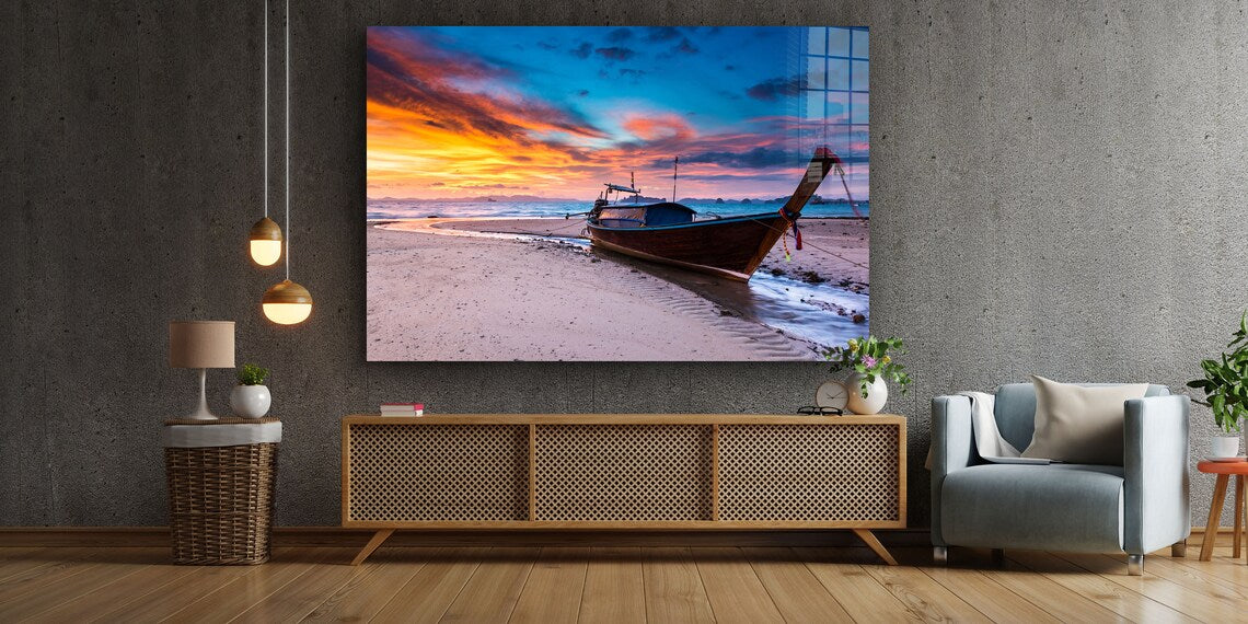 Boat at the Sunset Sky UV Direct Aluminum Print Australian Made Quality