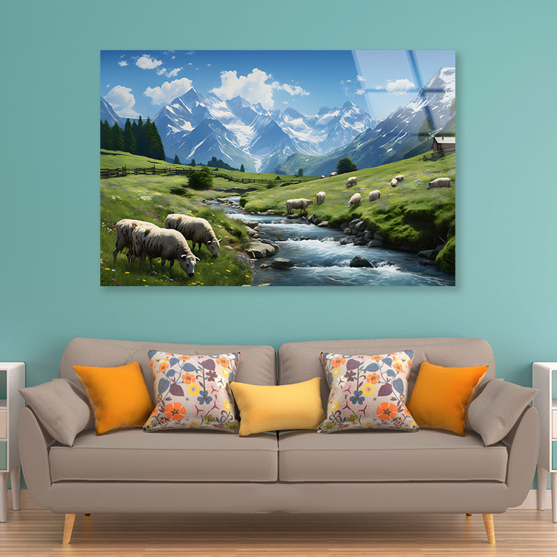 Herd of Sheep Grazing On a Grassy Hill Acrylic Glass Print Tempered Glass Wall Art 100% Made in Australia Ready to Hang - Bella Home Decor
