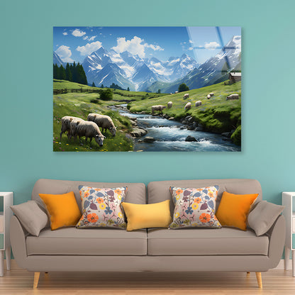 Herd of Sheep Grazing On a Grassy Hill Acrylic Glass Print Tempered Glass Wall Art 100% Made in Australia Ready to Hang - Bella Home Decor