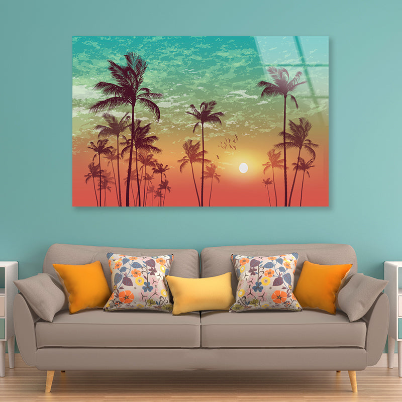 Sky and Palm Trees with Sunset Acrylic Glass Print Tempered Glass Wall Art 100% Made in Australia Ready to Hang - Bella Home Decor