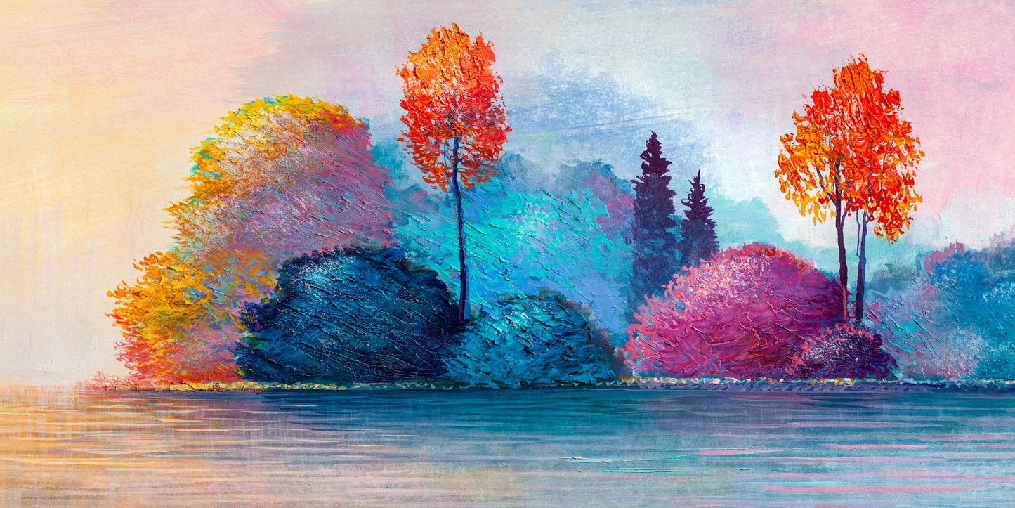 Impasto Autumn Lake Landscape Wall Art Canvas Office Home Room Framed 120x60cm