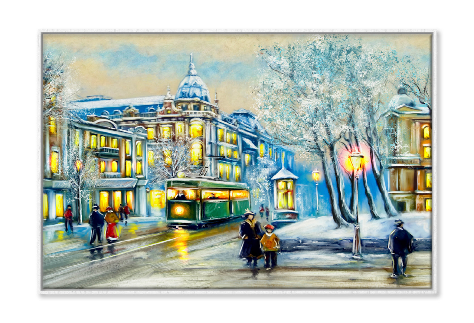 Old City & Tram Winter Oil Painting Wall Art Limited Edition High Quality Print Canvas Box Framed White