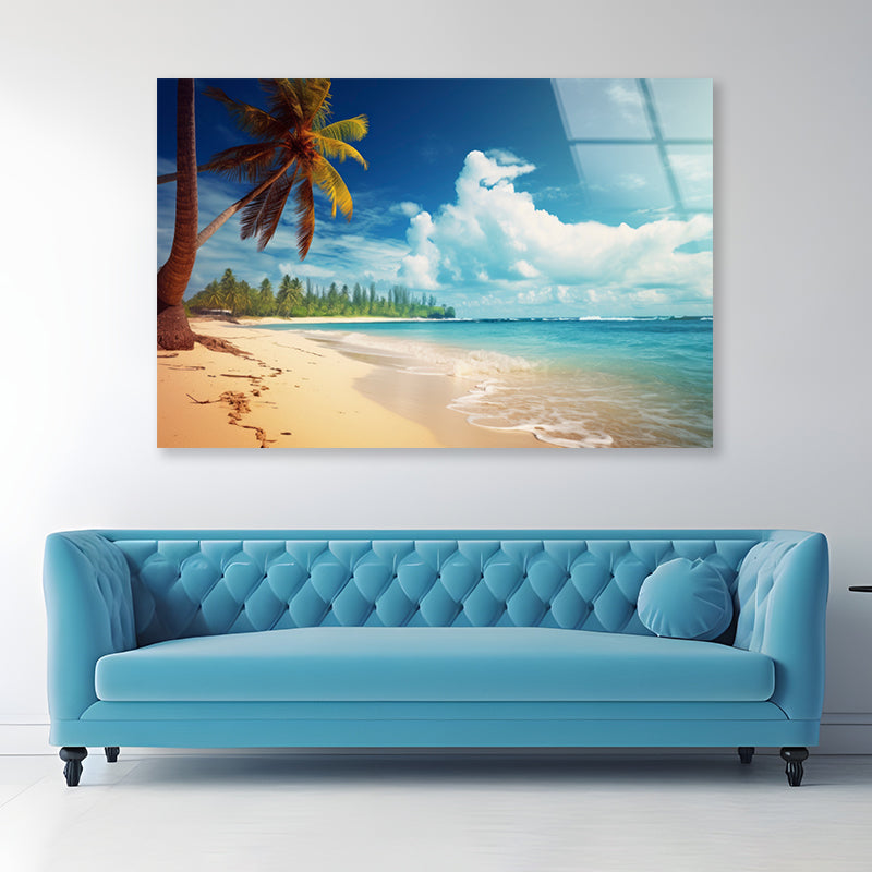 Summer Beach of the Sea with Palm Trees Acrylic Glass Print Tempered Glass Wall Art 100% Made in Australia Ready to Hang