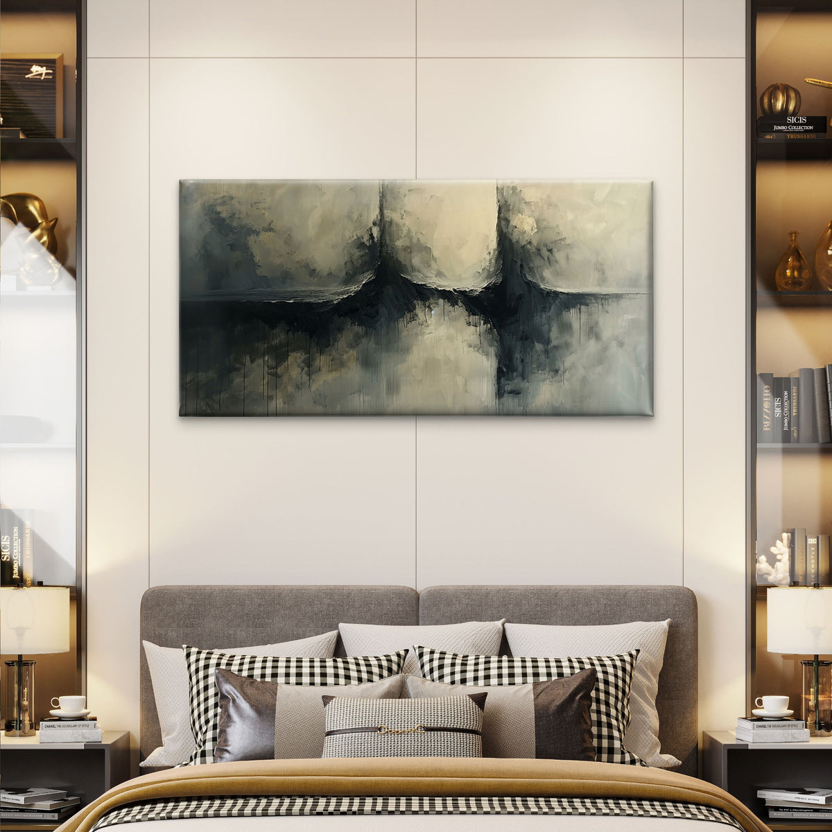 Dark Moody Abstract Black Grey Textured Painting Wall Art Canvas Office Home Framed 120x60cm