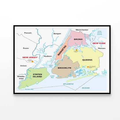 New York City, 5 Boroughs Map Home Decor Premium Quality Poster Print Choose Your Sizes