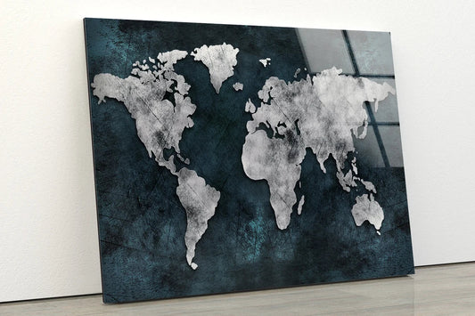 Silver World Map Design UV Direct Aluminum Print Australian Made Quality