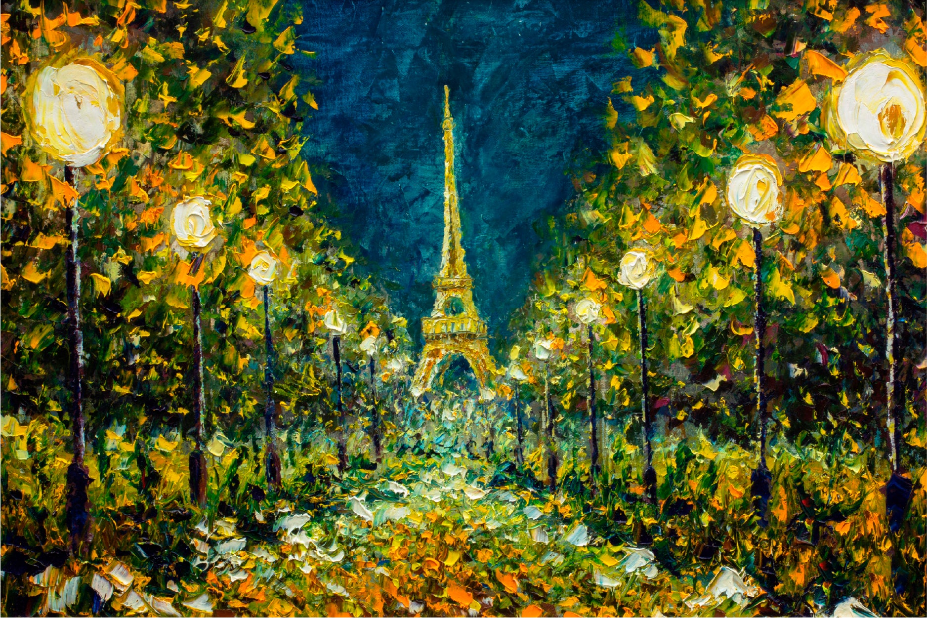 Paris European Night City Landscape & Eiffel Tower Glass Framed Wall Art, Ready to Hang Quality Print