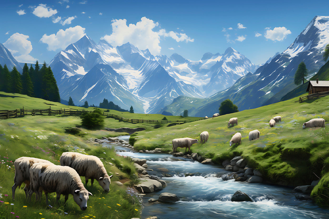 Herd of Sheep Grazing On a Grassy Hill Print 100% Australian Made - Bella Home Decor