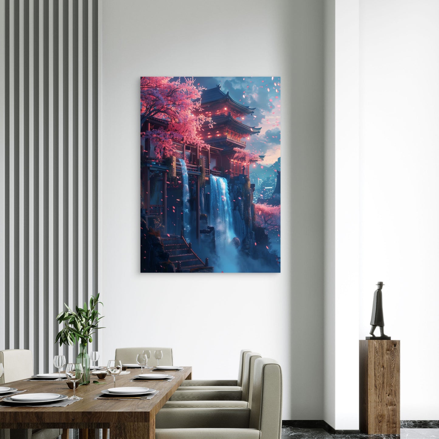 Japanese Pagoda Waterfall Night 40x60cm Metal Print Ready to Hang