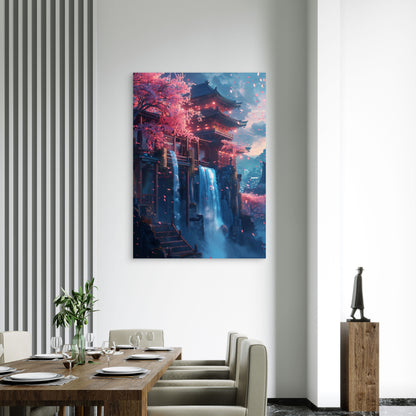 Japanese Pagoda Waterfall Night 40x60cm Metal Print Ready to Hang