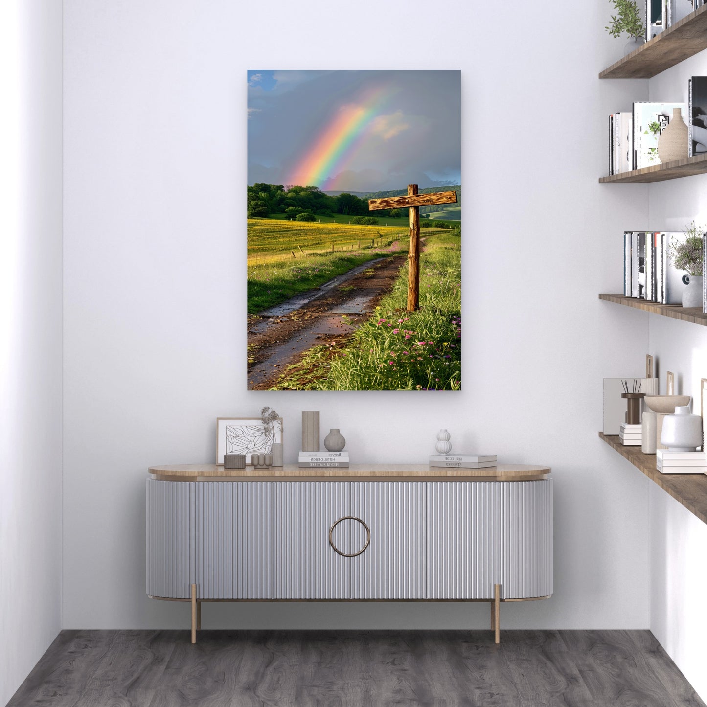 Rainbow Appearing End Grass Field Path 40x60cm Metal Print Ready to Hang